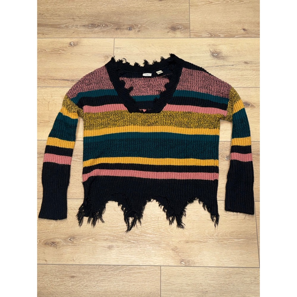Daytrip Striped Distressed Knit Sweater Womens XS Multicolor Grunge Fringe Hem